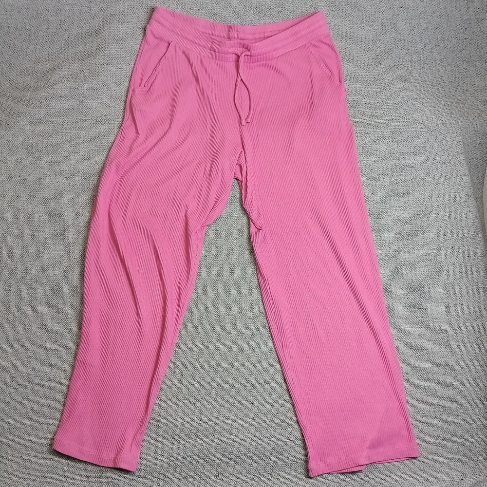 Lands End Lounge Pants Womens M 10-12 Pink Excellent Ribbed Wide Leg Drawstring